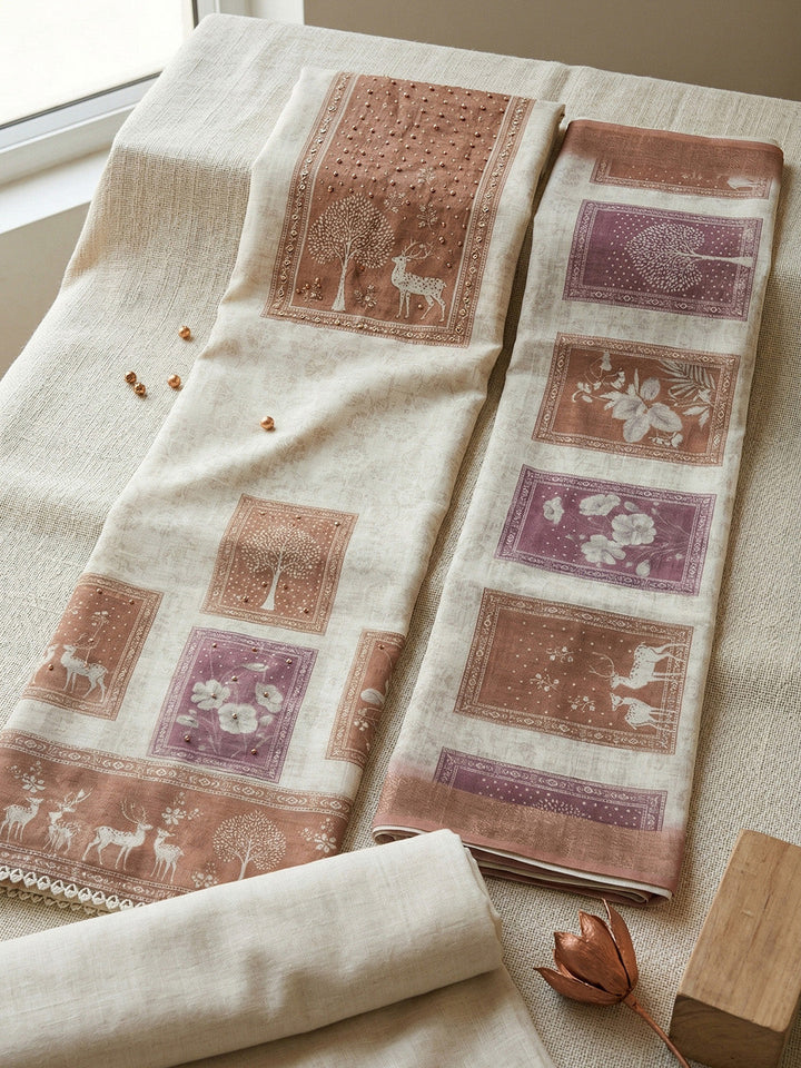 Printed Linen Blend Unstitched Suit With Pant &amp; Dupatta