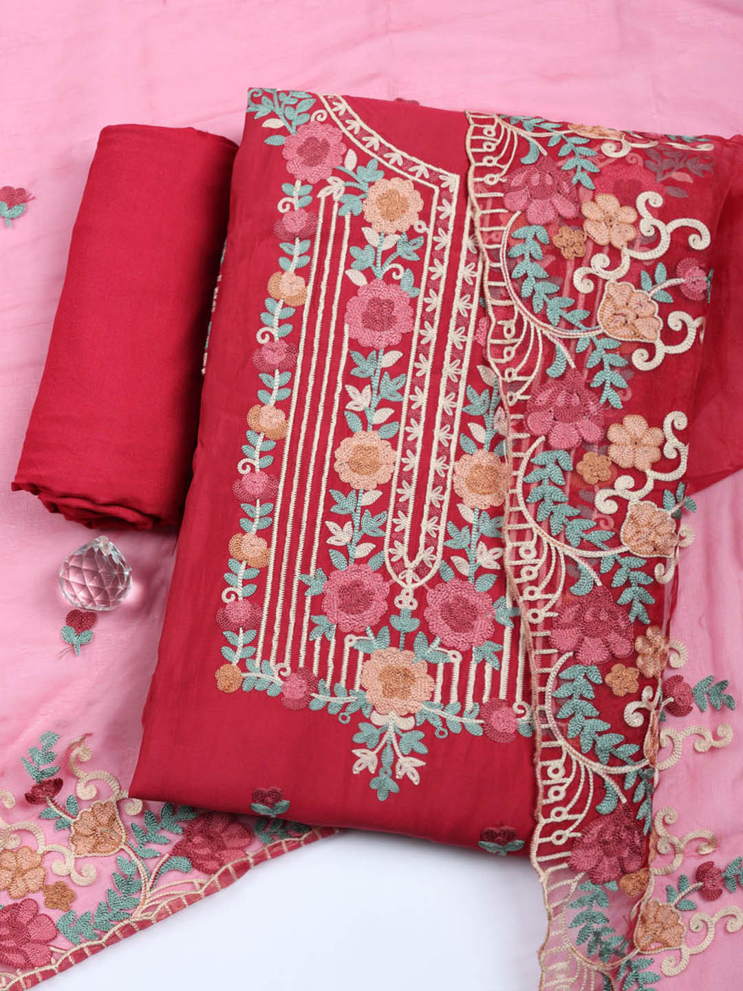 Embroidered Cotton Blend Unstitched Suit With Pant &amp; Dupatta