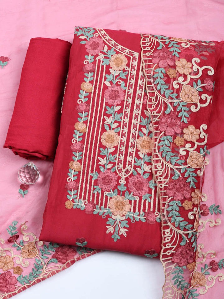 Embroidered Cotton Blend Unstitched Suit With Pant &amp; Dupatta