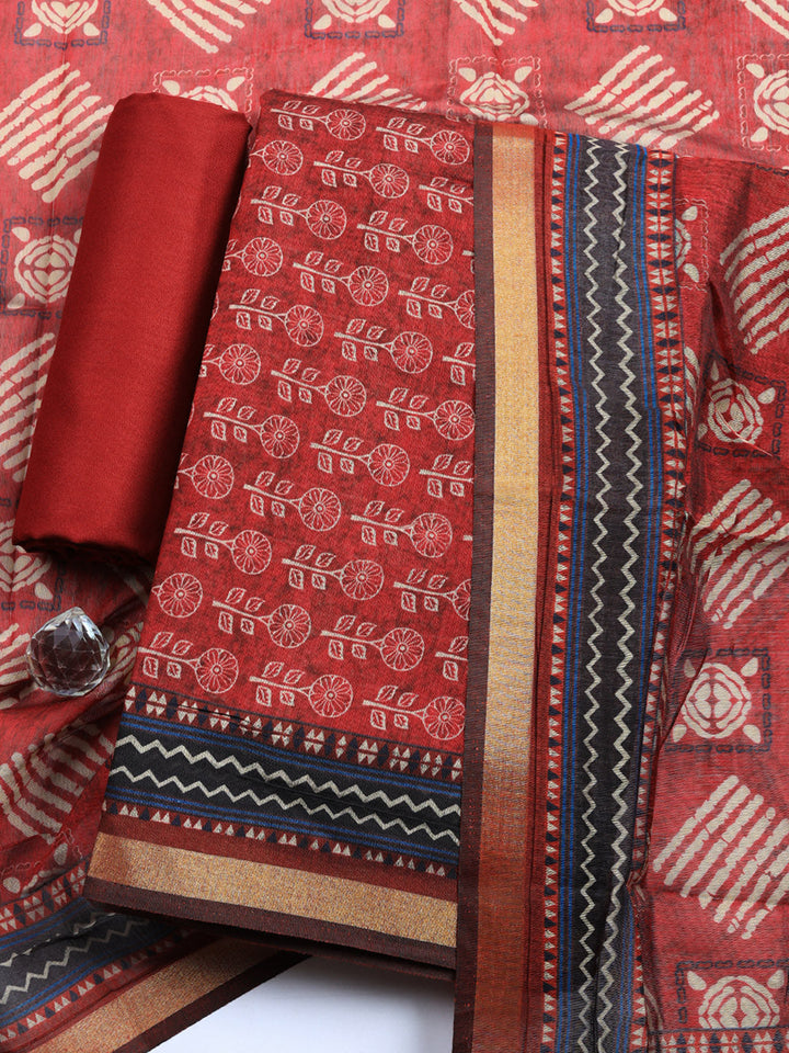 Printed Cotton Blend Unstitched Suit With Pant &amp; Dupatta