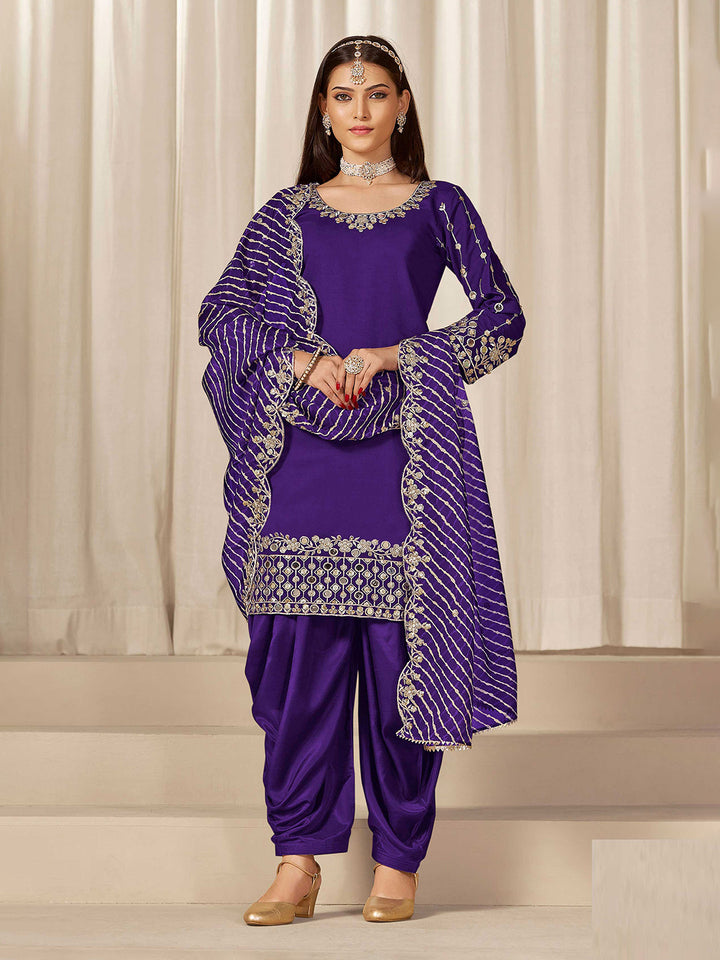 Embroidered Art Silk Semi Stitched Kurta With Skirt &amp; Dupatta
