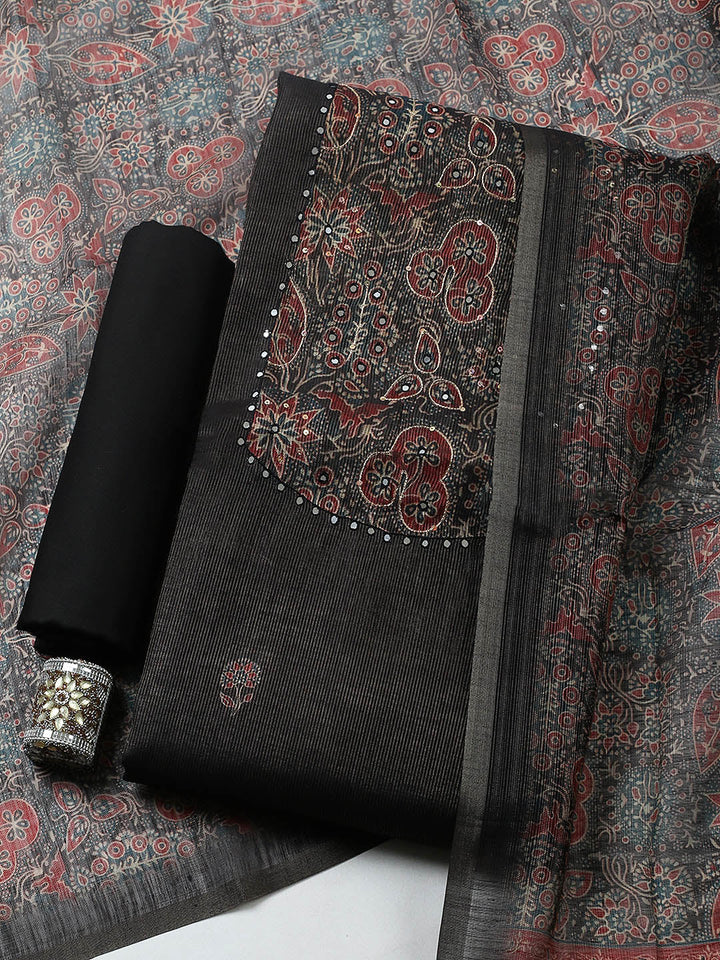Embroidered Chanderi Unstitched Suit With Pant &amp; Dupatta