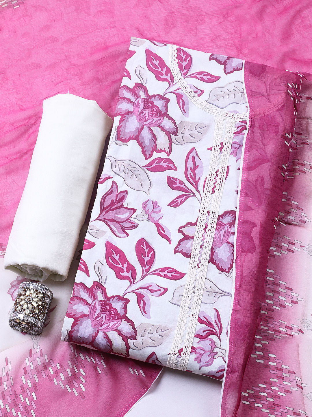 Embroidered Cotton Blend Unstitched Suit With Pant &amp; Dupatta