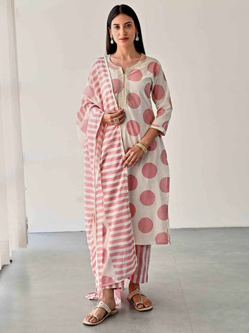 Printed Straight Cotton Kurta With Pants & Dupatta