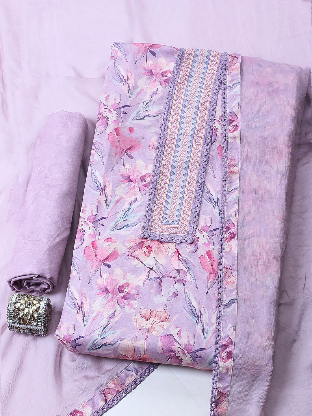 Embroidered Cotton Blend Unstitched Suit With Pant &amp; Dupatta