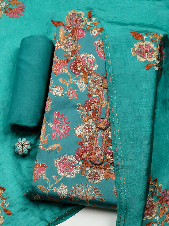 Embroidered Cotton Blend Unstitched Suit With Pant &amp; Dupatta