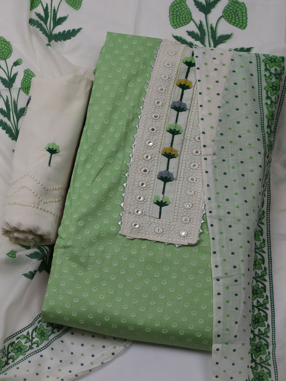 Neck Embroidered &amp; Printed Cotton Blend Unstitched Suit With Dupatta