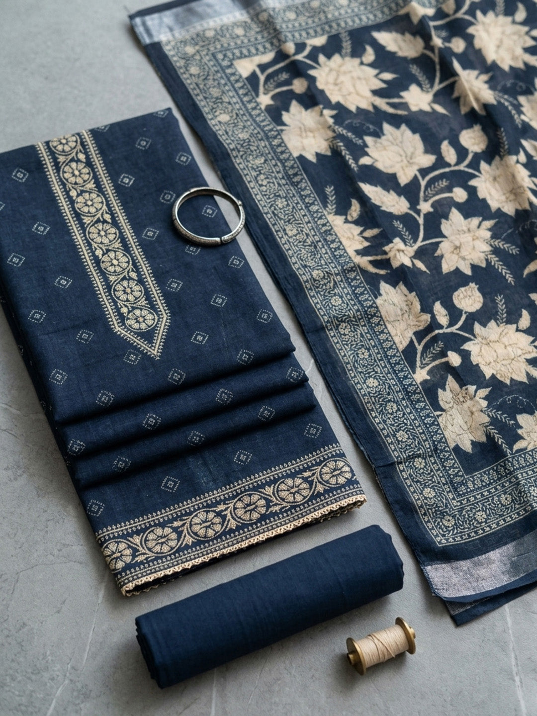 Embroidered Linen Blend Unstitched Suit With Pant &amp; Dupatta