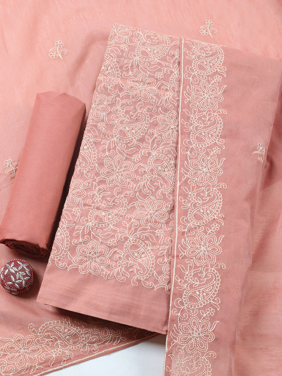 Embroidered Cotton Blend Unstitched Suit With Pant &amp; Dupatta