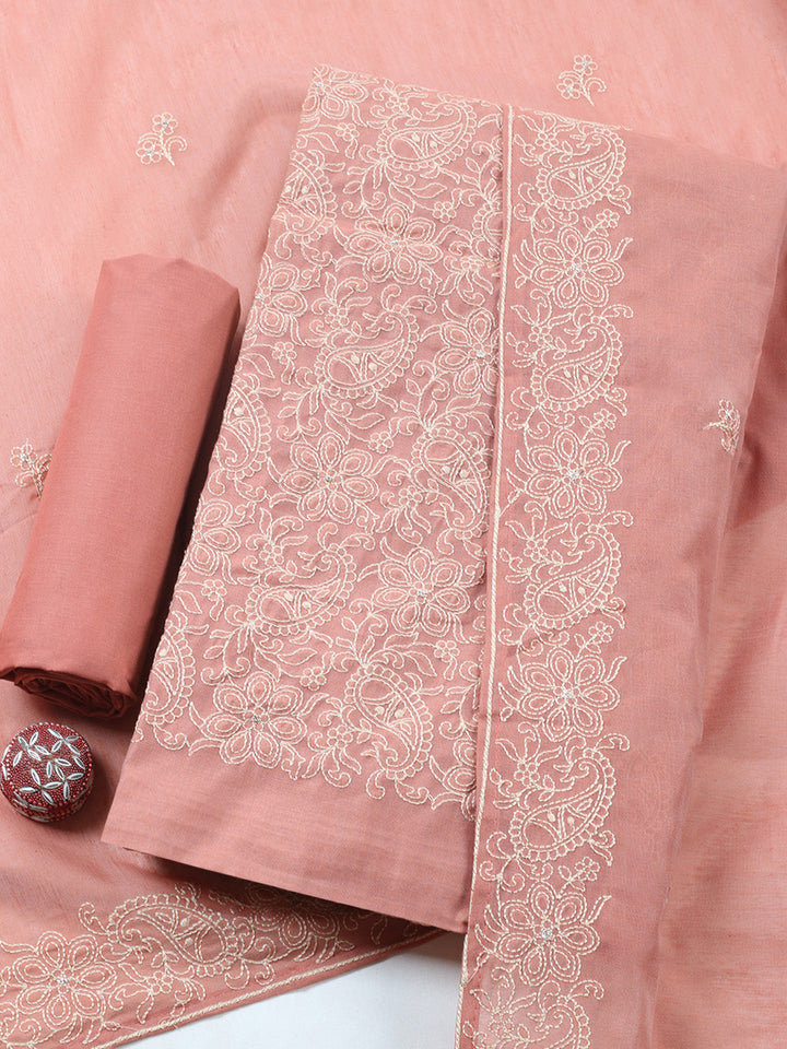 Embroidered Cotton Blend Unstitched Suit With Pant &amp; Dupatta