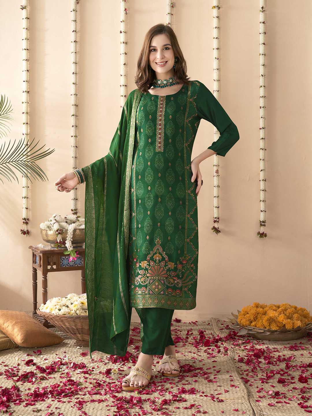 Embroidered Silk Kurta With Pant &amp; Dupatta
