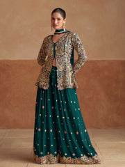 Embroidered Chinon Kurti With Gharara & Dupatta