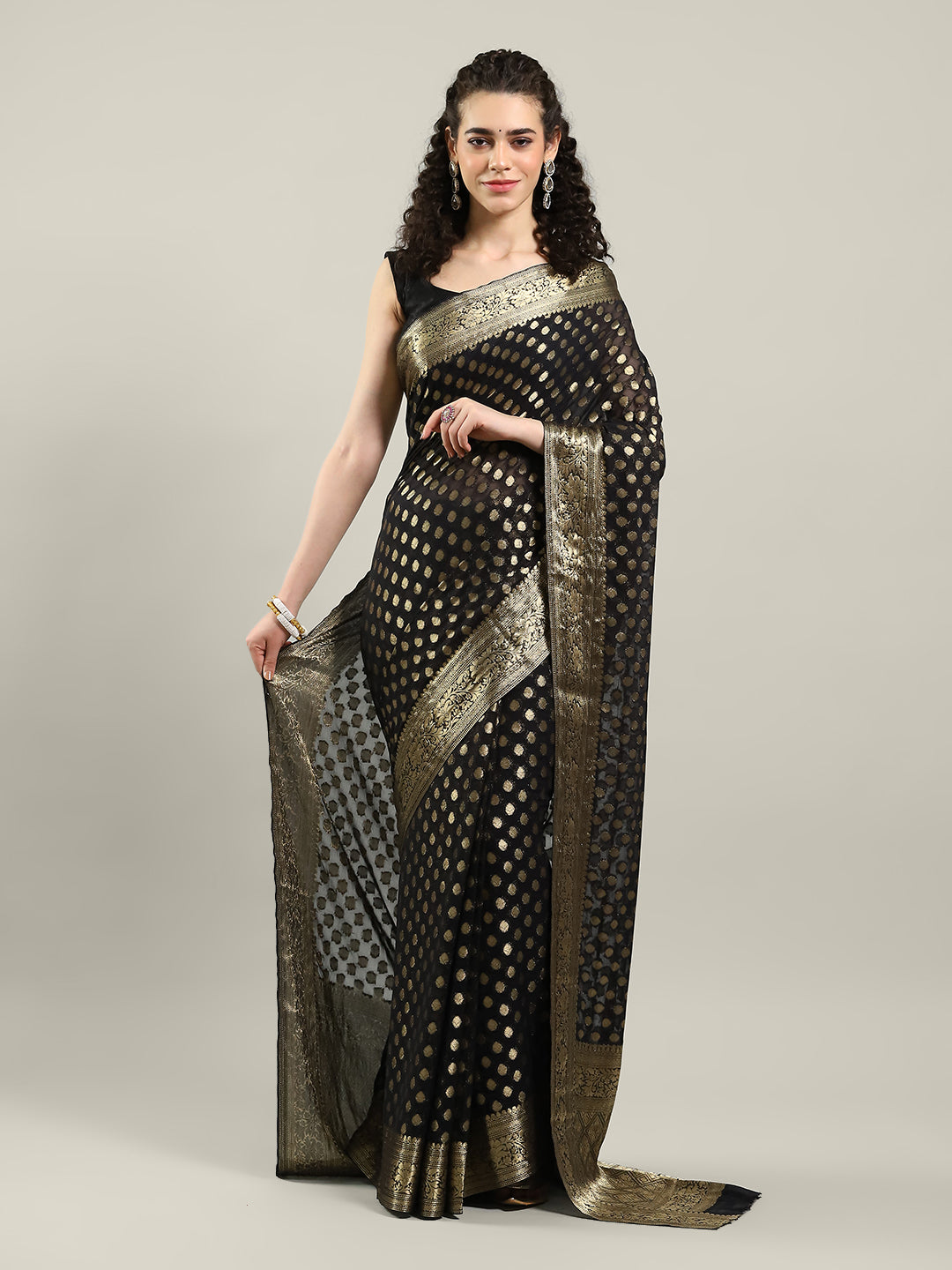 Zari Border Booti Chiffon Woven Saree
