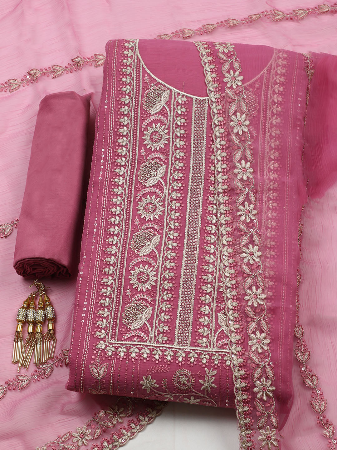 Embroidered Organza Unstitched Suit With Pant &amp; Dupatta