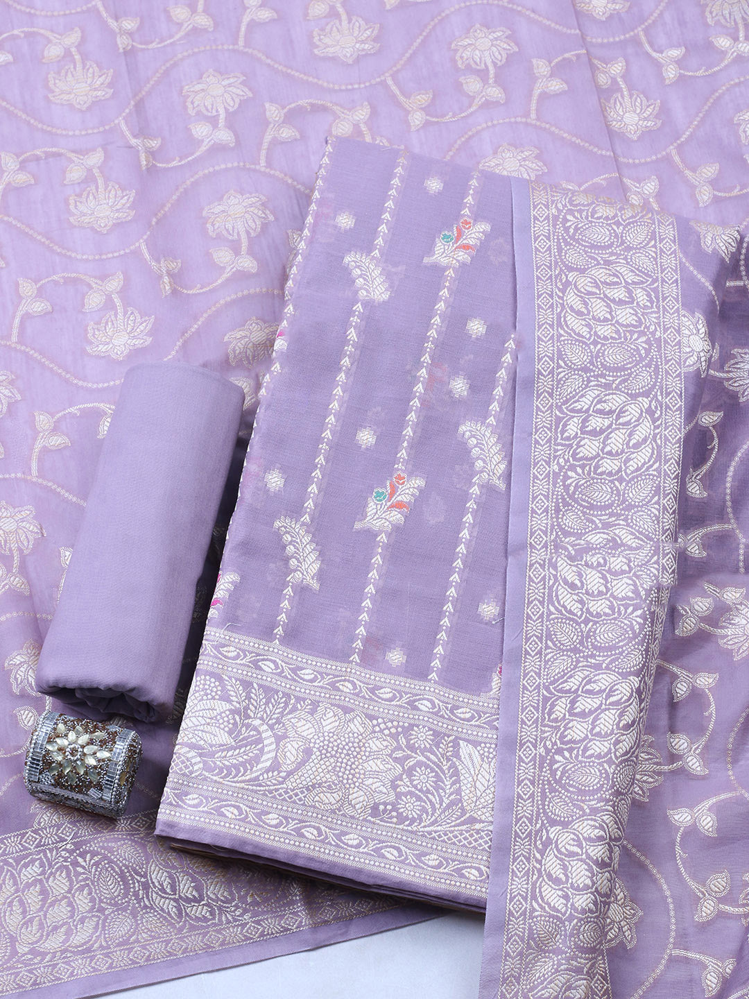 Woven Design Chanderi Unstitched Suit With Pant &amp; Dupatta