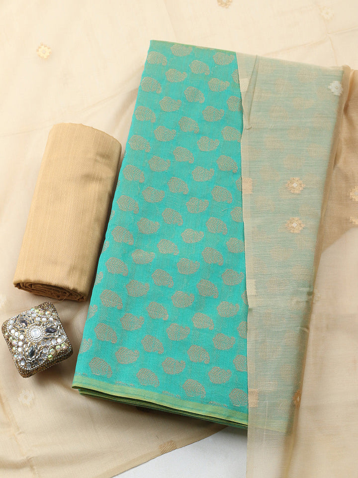 Printed Chanderi Unstitched Suit With Pant &amp; Dupatta