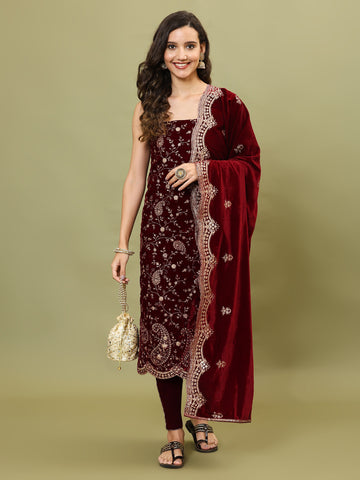 Embroidered Velvet Unstitched Suit Piece With Dupatta