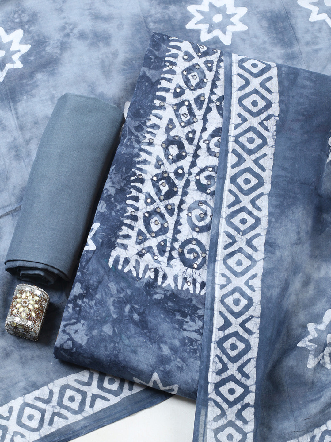 Embroidered Cotton Blend Unstitched Suit With Pant &amp; Dupatta