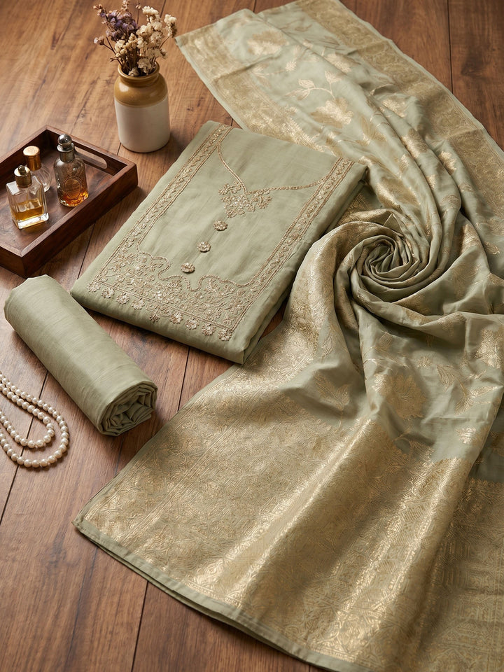 Neck Embroidered Cotton Blend Unstitched Suit With Dupatta
