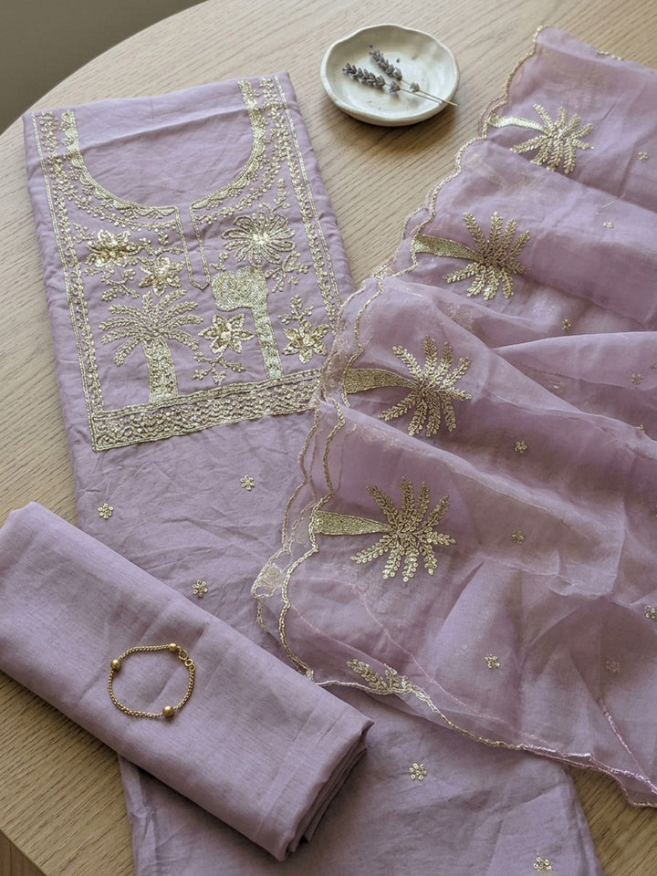 Embroidered Chanderi Unstitched Suit With Pant &amp; Dupatta
