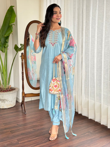 Neck Zari Embroidery Chanderi Kurta With Pants & Dupatta