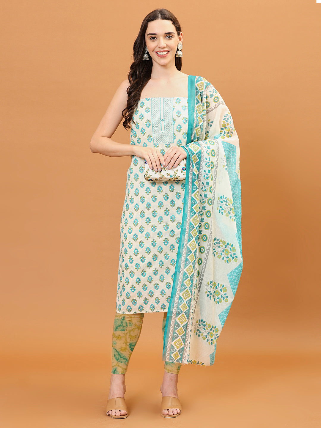 Printed Cotton Blend Unstitched Suit With Dupatta