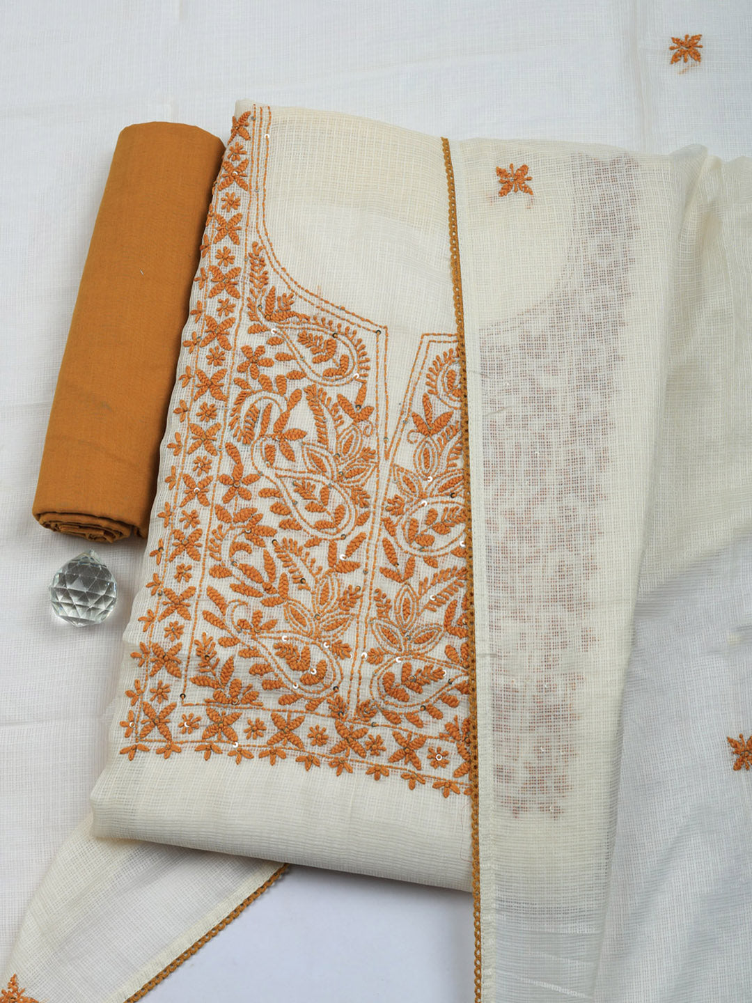 Embroidered Cotton Blend Unstitched Suit With Pant &amp; Dupatta