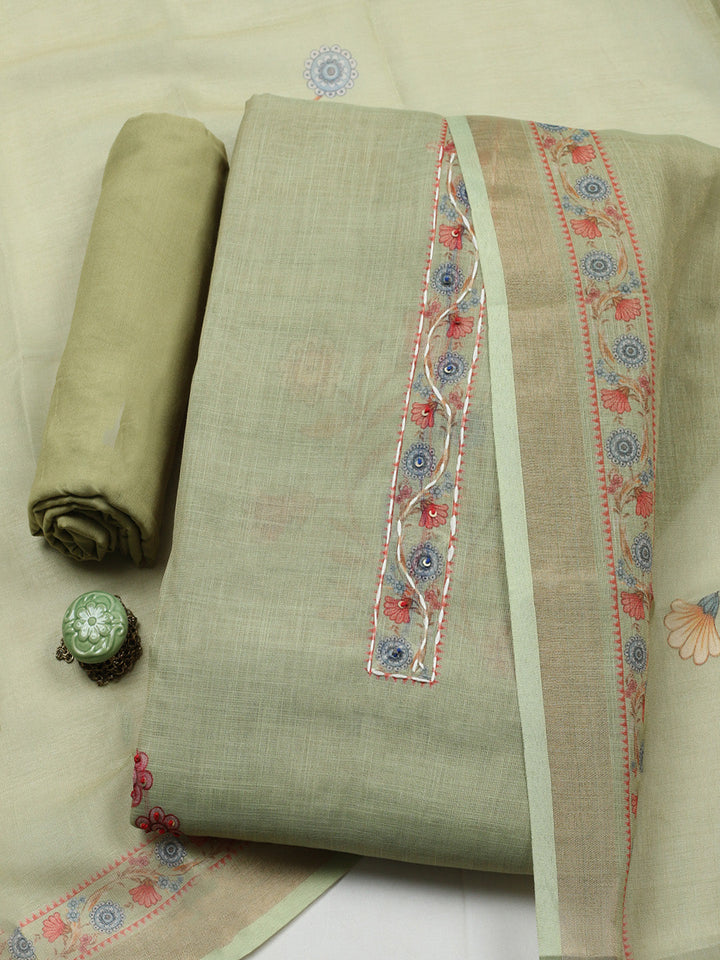 Embroidered Cotton Blend Unstitched Suit With Pant &amp; Dupatta