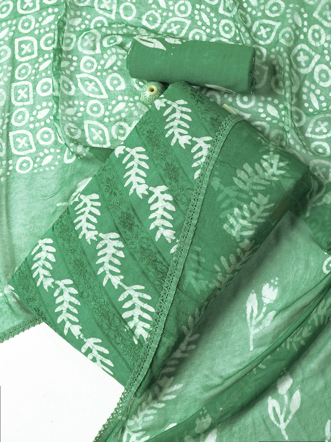 Green Printed Cotton Blend Unstitched Dress Material