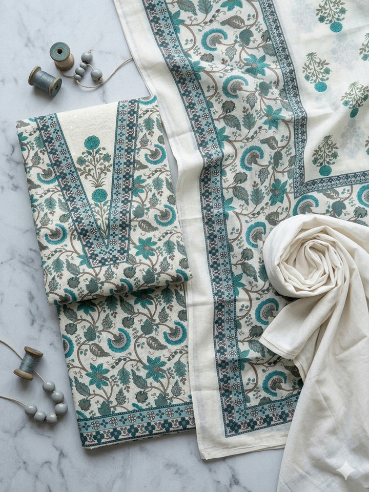 Embroidered Cotton Blend Unstitched Suit With Pant &amp; Dupatta