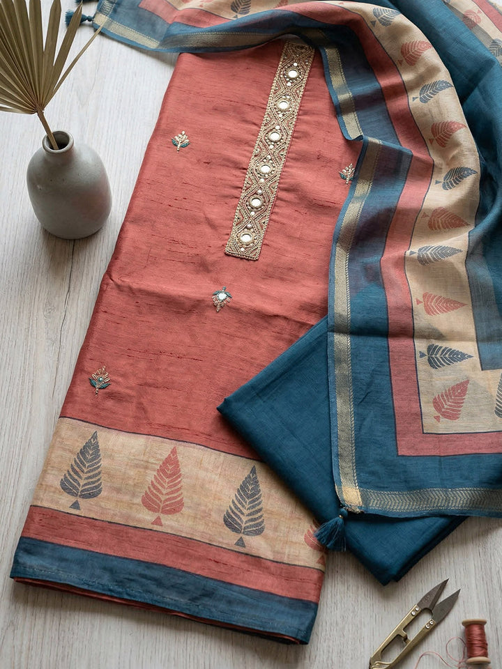 Embroidered Chanderi Unstitched Suit With Pant &amp; Dupatta