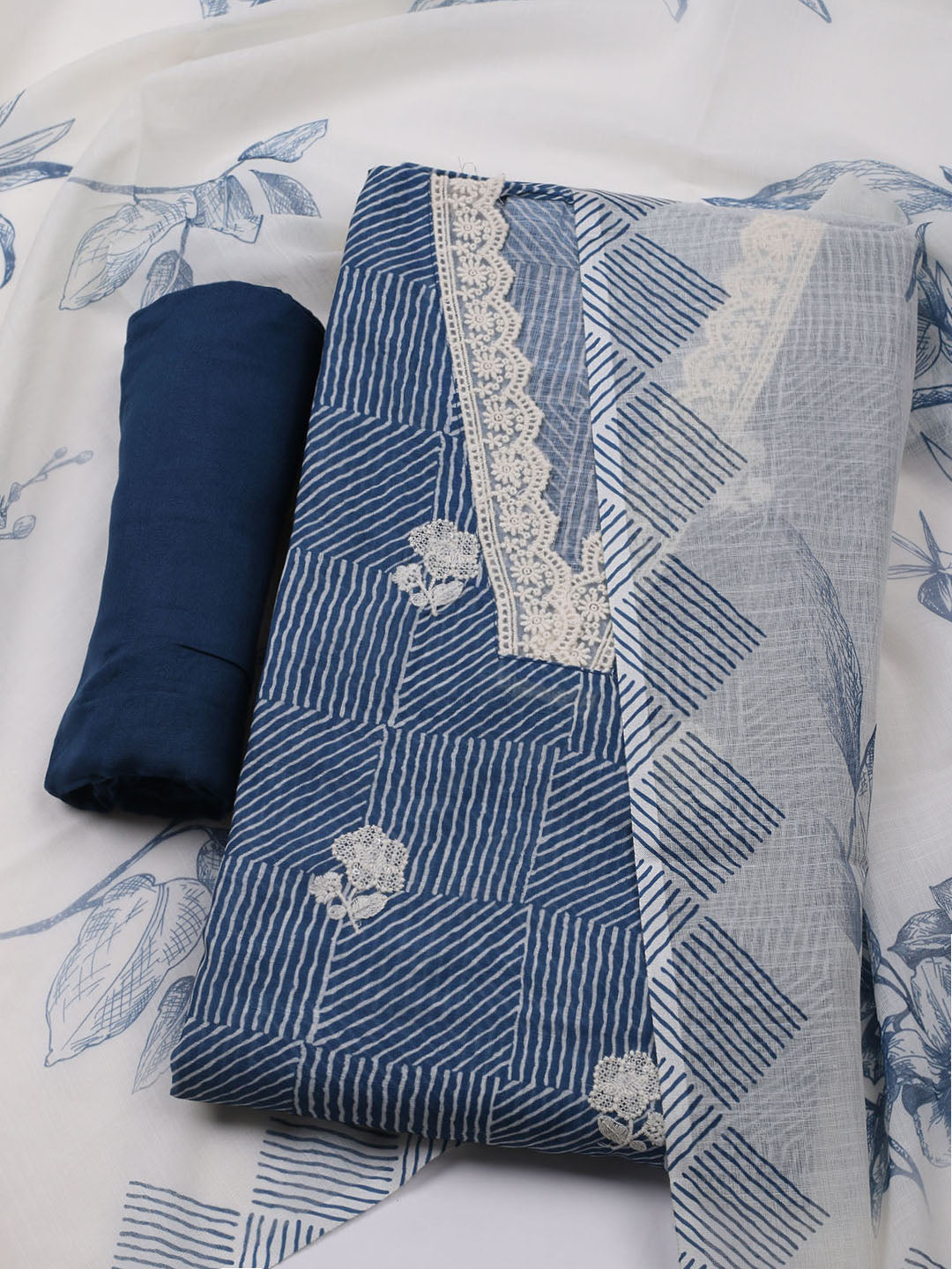 Printed Cotton Blend Unstitched Kurta With Pant &amp; Dupatta