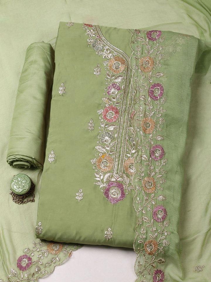 Embroidered Chanderi Unstitched Suit With Pant &amp; Dupatta