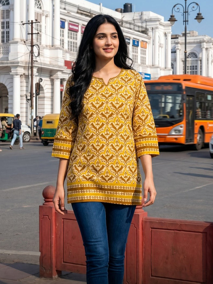 Yellow Embroidered Cotton Blend Straight Round Neck Suit Set