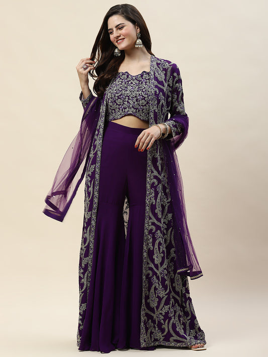 Zari Embroidery Georgette Crop Top With Sharara & Jacket