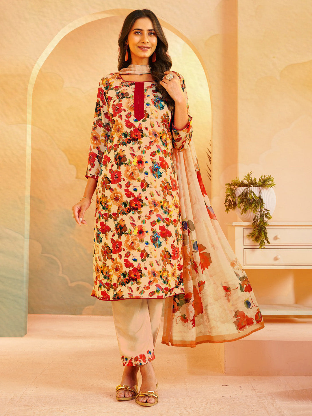 Printed Crepe Unstitched Suit With Pant &amp; Dupatta