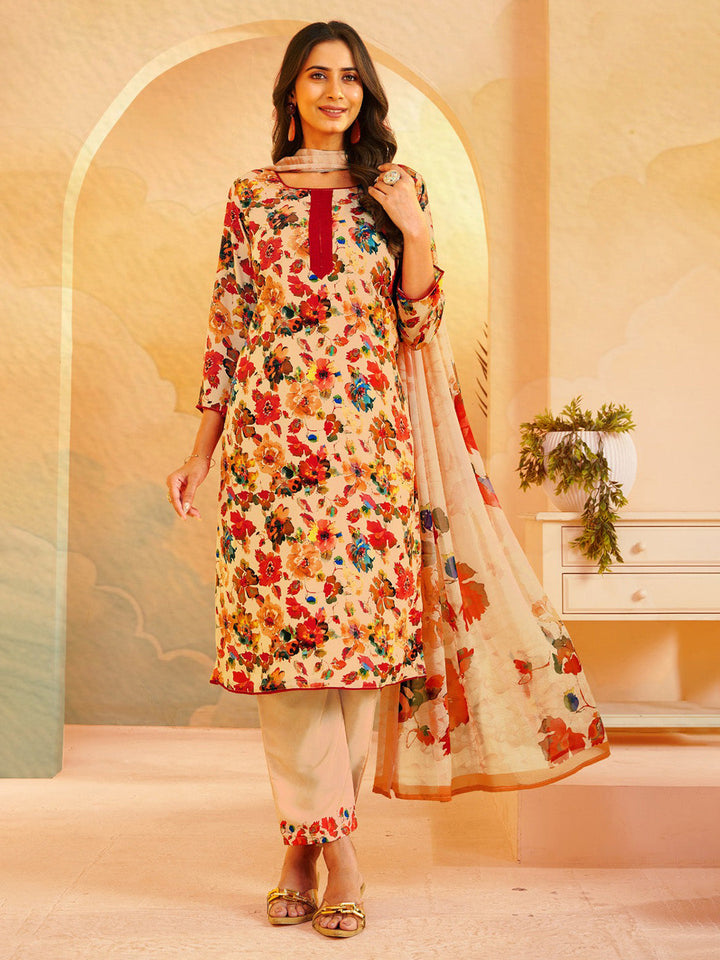 Printed Crepe Unstitched Suit With Pant &amp; Dupatta