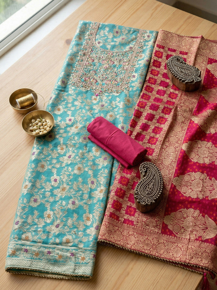 Banarasi Chanderi Unstitched Suit With Pant &amp; Dupatta