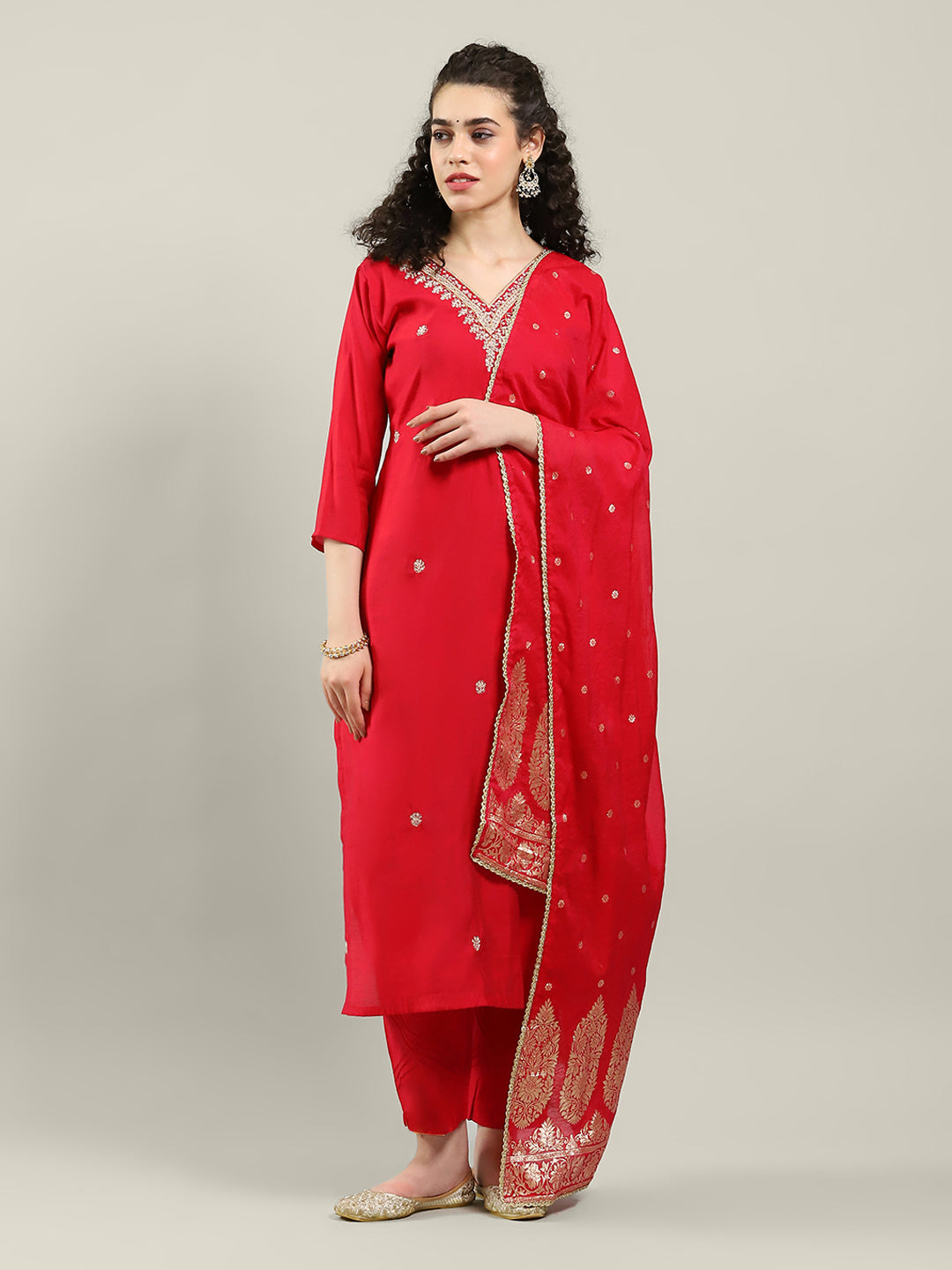Embroidered Cotton Blend Kurta With Pants & Dupatta
