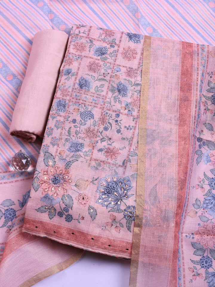 Printed Linen Blend Unstitched Suit With Pant &amp; Dupatta