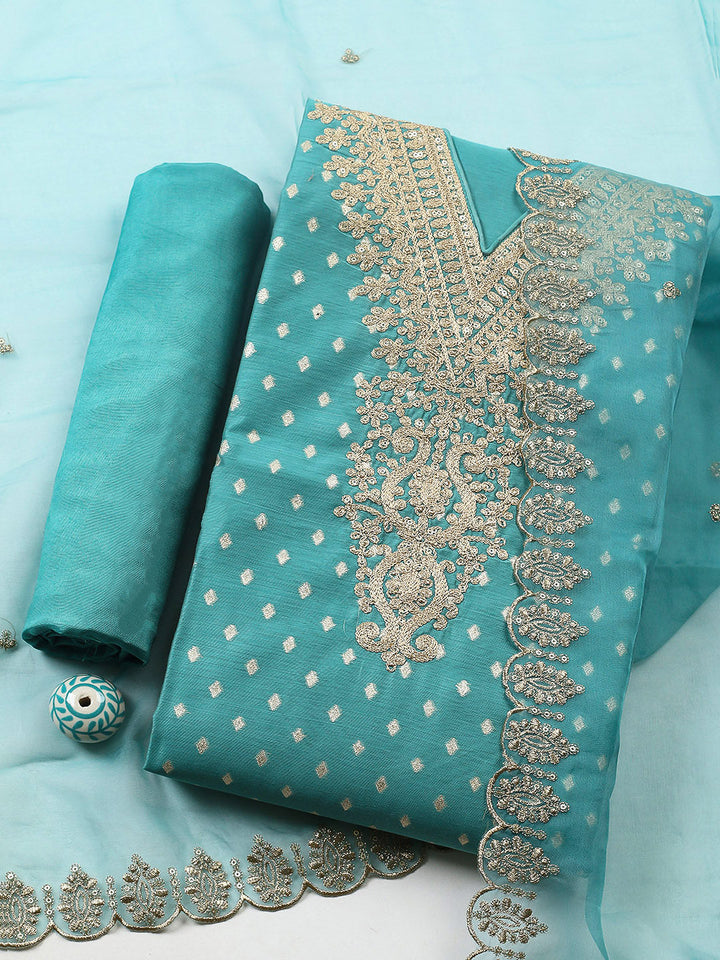 Embroidered Chanderi Unstitched Suit With Pant &amp; Dupatta