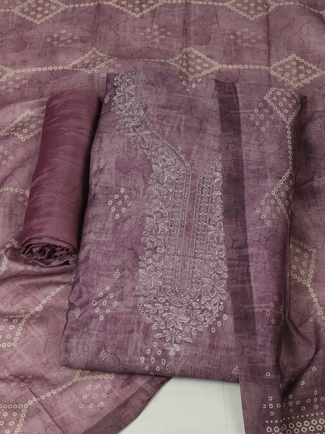 Printed Chanderi Unstitched Suit With Pant &amp; Dupatta