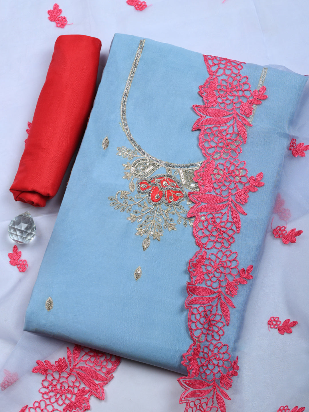 Printed Cotton Unstitched Suit With Pant &amp; Dupatta