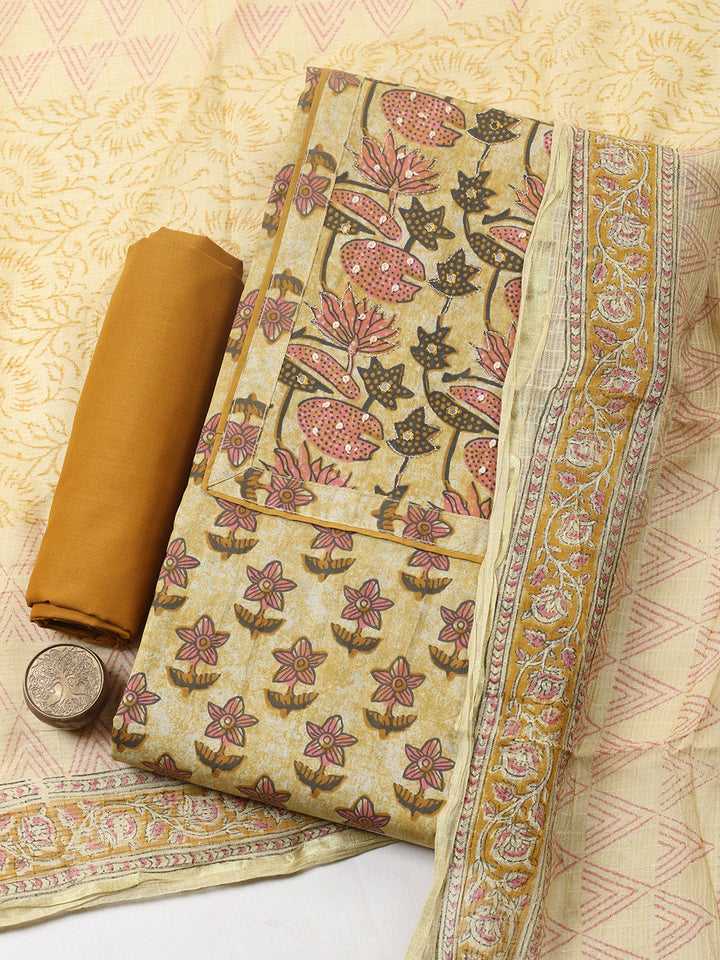 Printed Cotton Blend Unstitched Suit With Pant &amp; Dupatta
