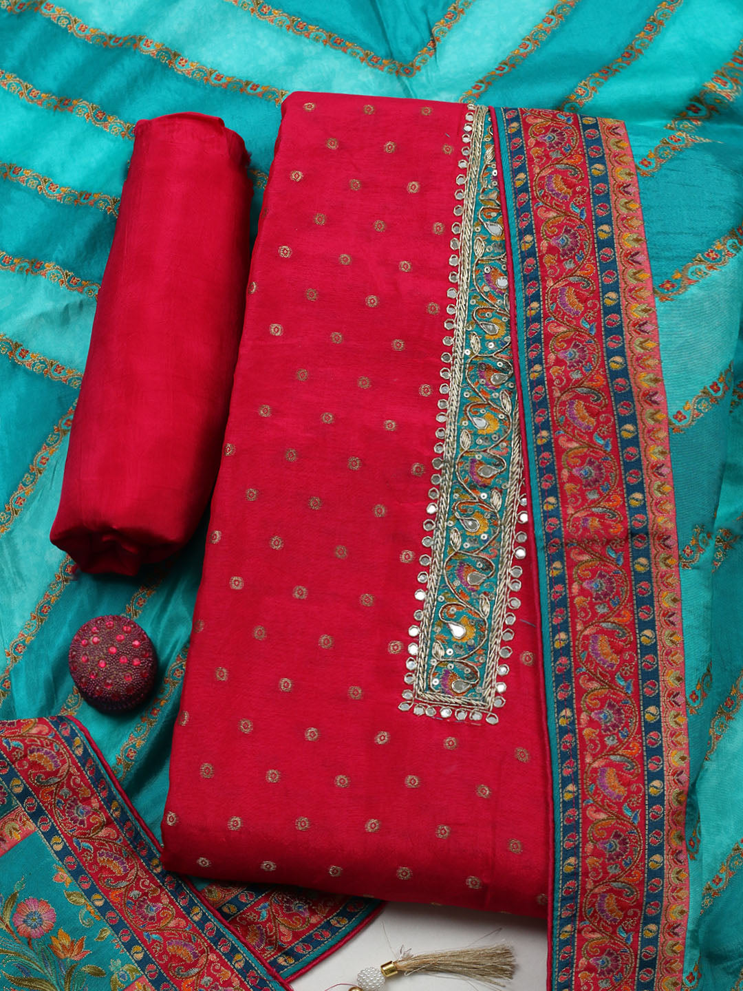 Embroidered Chanderi Unstitched Suit With Pant &amp; Dupatta