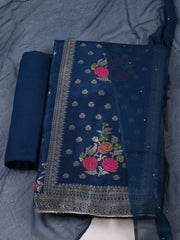 Woven Design Chanderi Navy Blue Unstitched Suit With Pant & Dupatta
