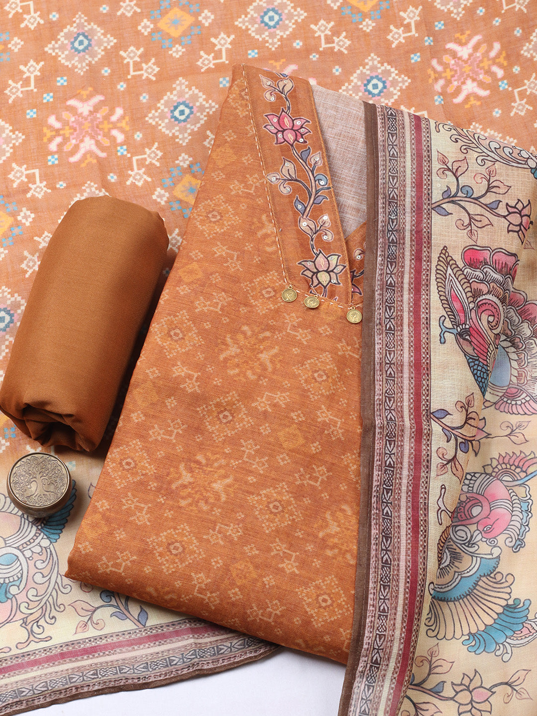 Embroidered Linen Blend Unstitched Suit With Pant &amp; Dupatta