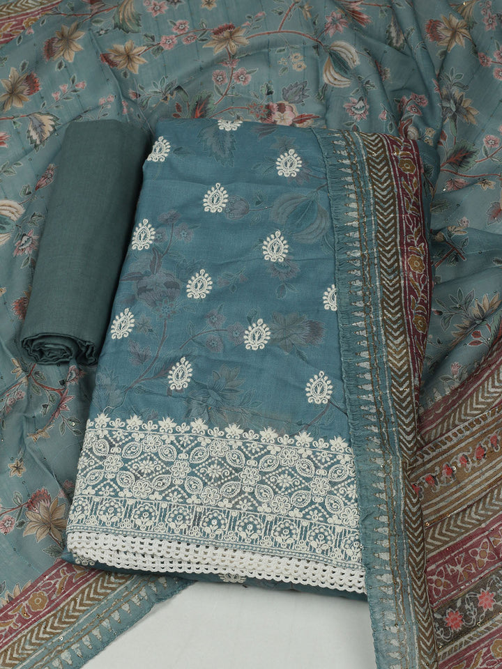 Embroidered Cotton Unstitched Suit With Pant &amp; Dupatta