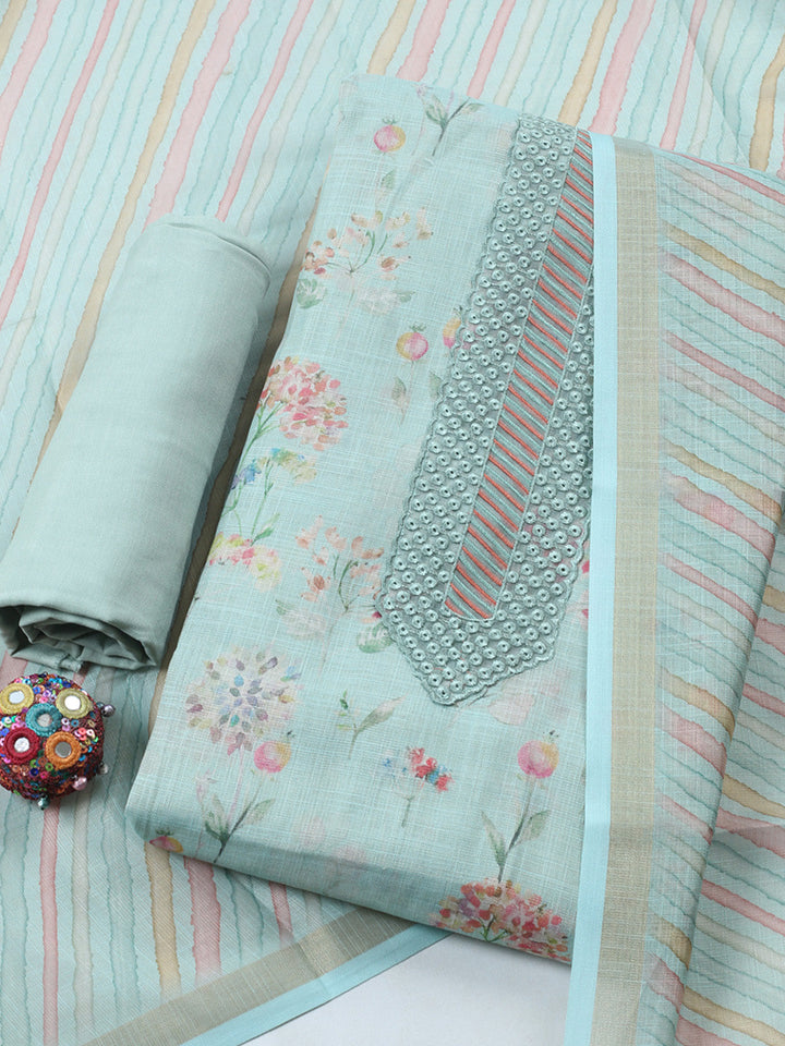 Printed Linen Blend Unstitched Suit With Pant &amp; Dupatta