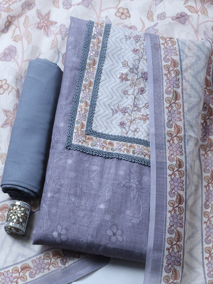 Printed Cotton Blend Unstitched Suit With Pant &amp; Dupatta